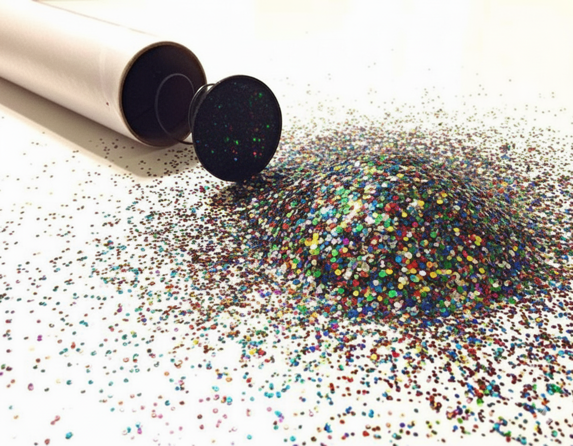 Colorful glitter spilling out of a cardboard tube on a white background